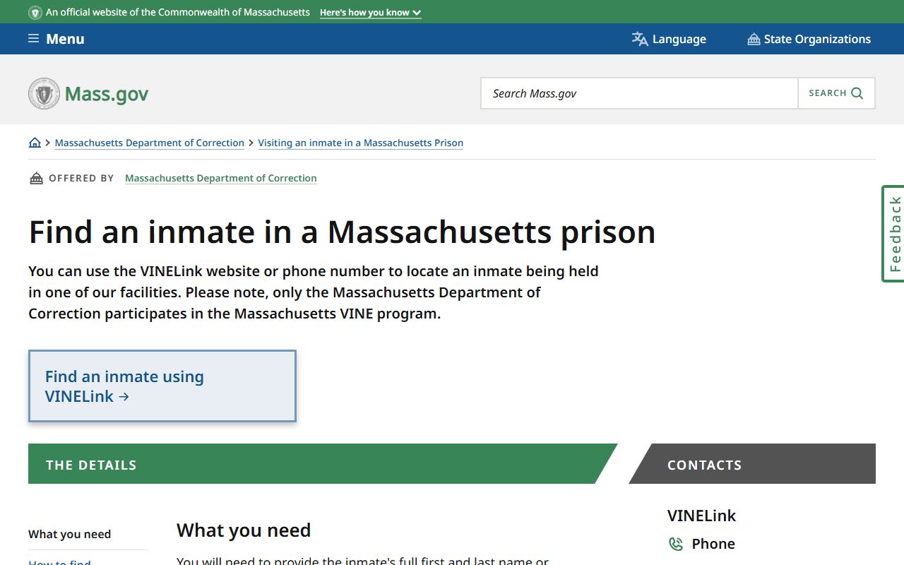 Massachusetts DOC lookup path for Dukes County inmate records after state prison transfer